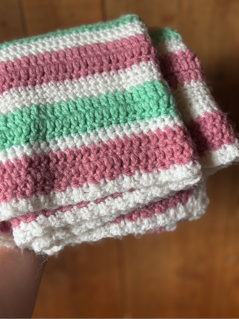 Handmade Striped Crochet Baby Blanket - Pink, Mint & White